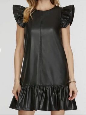 Pinch Black Faux Leather Ruffle-Hem Mini Dress size Medium